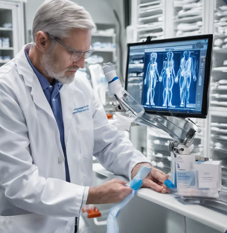 A man in lab coat working on something.