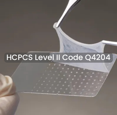 A person holding up a piece of plastic with the words hcpcs level ii code q 4 2 0 4 underneath it.